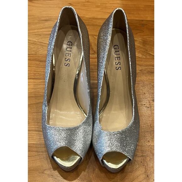 Guess Rosalie Ombre Glitter Peep Toe High Heels Size 7 Women’s Silver Gold - Picture 8 of 9